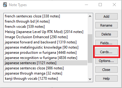 Screenshot of Anki note types window