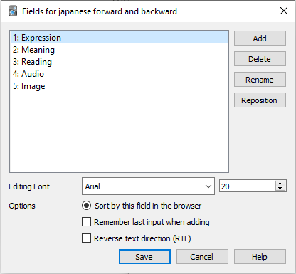 Screenshot of Anki fields for note type Japanese Forward and Back