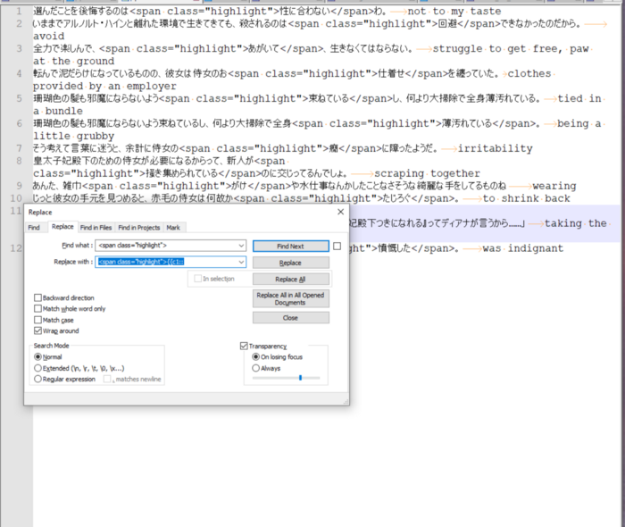 Screenshot of Notepad++ with foreign language sentences