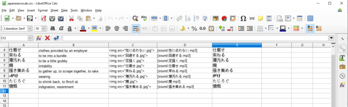 Screenshot of LibreOffice spreadsheet with foreign language words ready to export